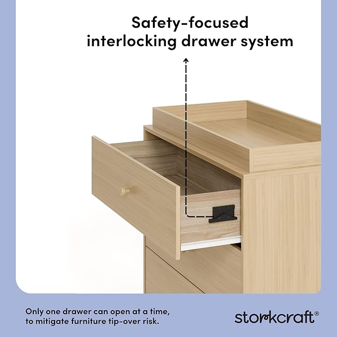 Storkcraft California 3-Drawer Chest with Removable Changing Topper (Driftwood) – GREENGUARD Gold Certified, Interlocking Drawer System, Pre-Installed Tracks, Easy Assembly