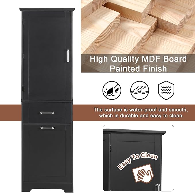 Bathroom Cabinet with Drawers and Doors, Tall Storage Display Organizer, Kitchen Pantry, Black