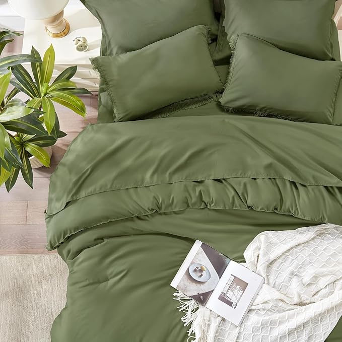 Andency Oversized King Comforter Set with Sheets 128x120 Olive Green - 7 Pieces Bed in a Bag Boho Soft Lightweight Bedding Sets, Tassel Bed Set with Comforter, Sheets, Pillowcases & Shams