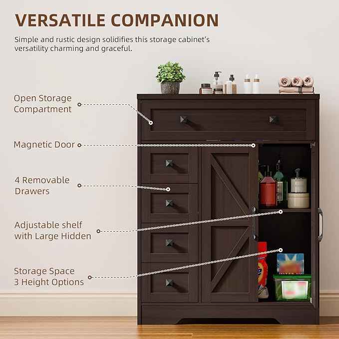 Vabches Farmhouse Storage Cabinet with 2 Doors and 5 Drawers, Freestanding Bathroom Cabinets Kitchen Pantry, Floor Storage Cabinet Hutch Cupboard for Living Room/Bathroom/Kitchen.（Espresso