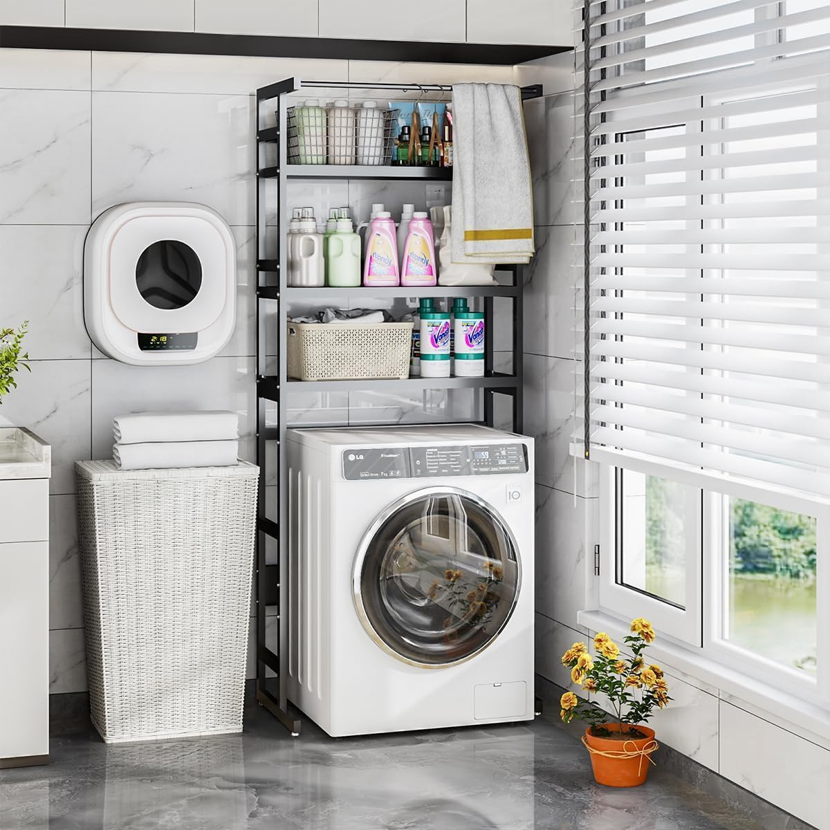 Dryer Storage Shel andf Over The Washer - Adjustable 4-Tier Heavy Duty Laundry Room Organizer, All Carbon Steel Standing Shelf with Hanging Rod, Anti-Tip Design, Super Stable 29.93" L x 11" D x 73" H