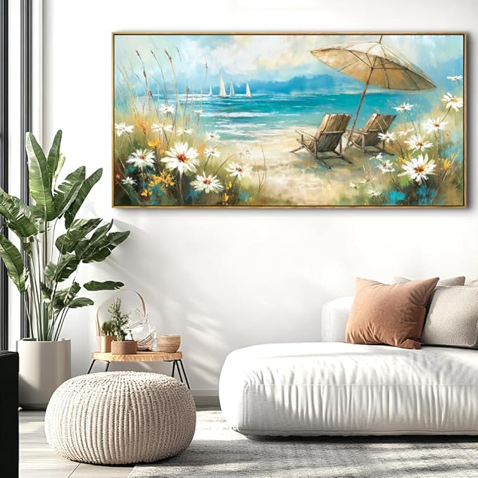Beach Landscape Wall Art - Framed Modern Canvas Painting for Living Room, Bedroom Home Office Decor, 40x20 Inch Ready to Hang