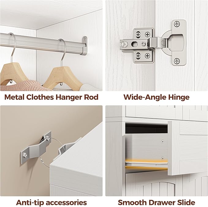LIKIMIO 77" Tall Armoire Wardrobe Closet, Wooden Wardrobe with 4-Door and Drawer, White Clothes Storage Cabinet with Hanging Rod and Adjustable Shelves for Bedroom