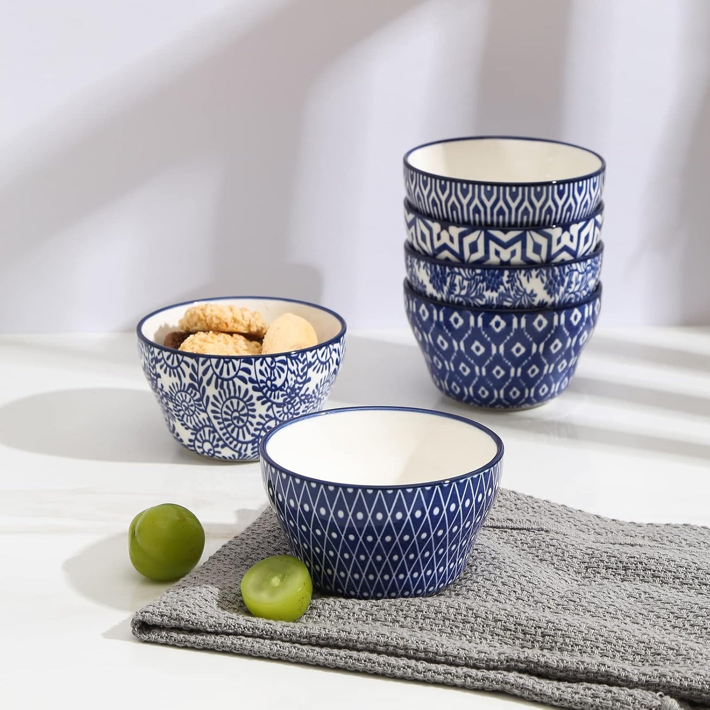 Selamica Ceramic 8oz Bouillon Cups 4 Inch Small Bowls, Dessert bowls for Soup Dipping Sauce Coffee Cupping, Microwave Dishwasher Safe, Set of 6, Vintage Blue