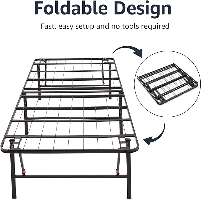 Amazon Basics Foldable Metal Platform Bed Frame with Storage Space, Sturdy Steel, No Box Spring Needed, 18 Inches High, Tool-Free Setup, Noise Free, King Size, Black