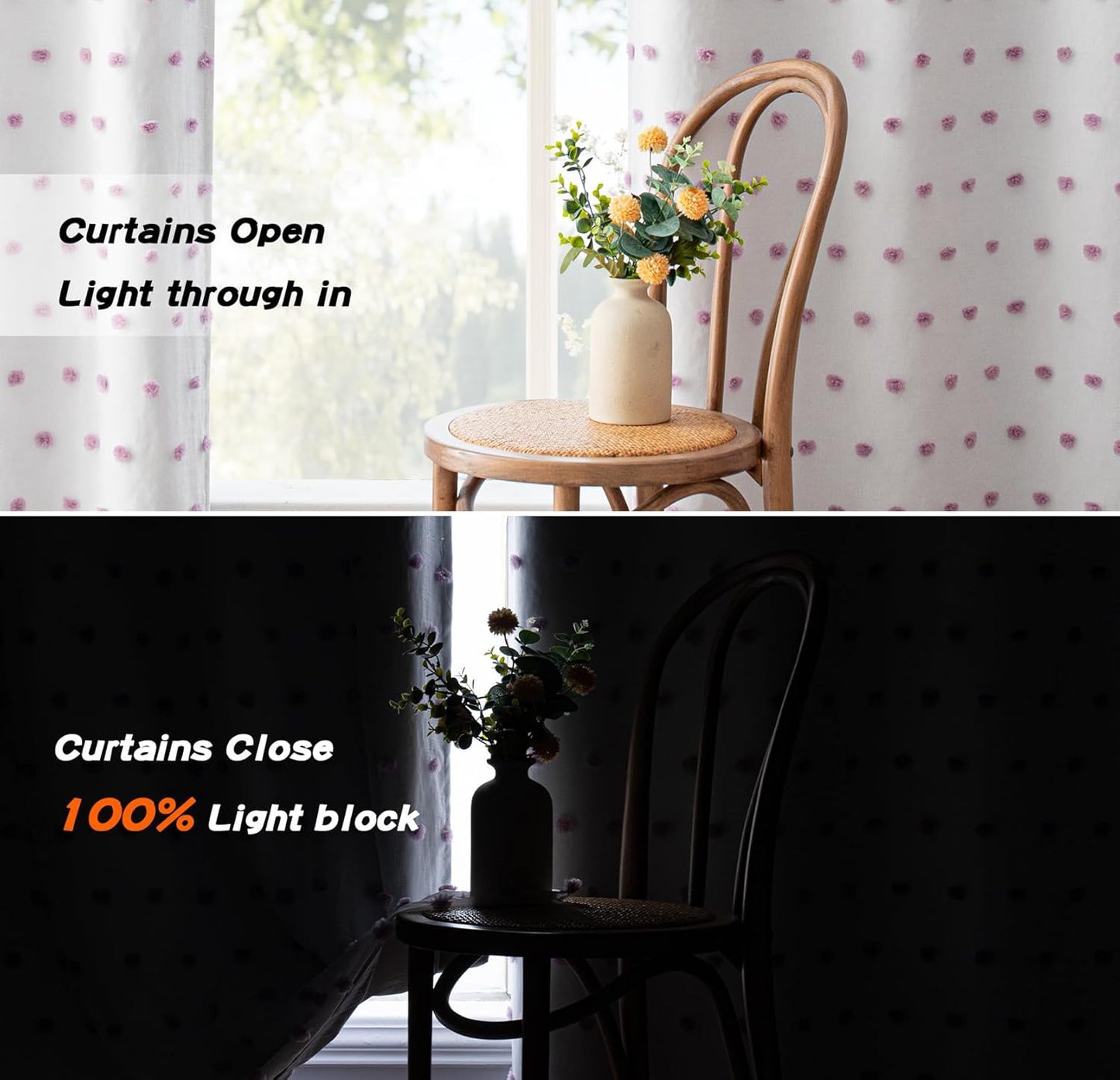 MYSKY HOME Total Blackout Curtains for Girls Bedroom with Purple Pom Pom Sheer 90 Inch Long 100% Light Blocking Curtains for Living Room 2 Panels Room Darkening Grommet Double Layer Drapes 52" x 90"