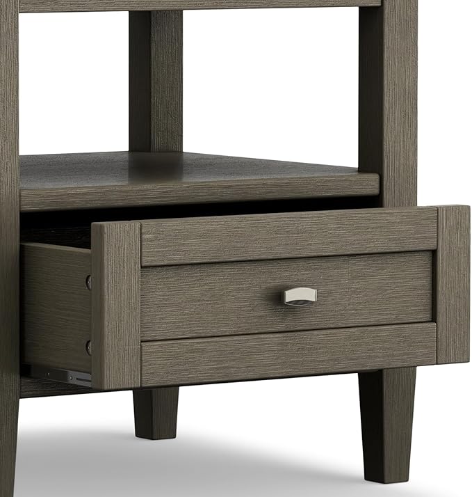 SIMPLIHOME Warm Shaker End Table - 20 inch Wide Solid Wood Side Table in Farmhouse Grey, Transitional Accent Table for Living Room or Bedroom with Drawer, Open Shelf and Square Tapered Legs