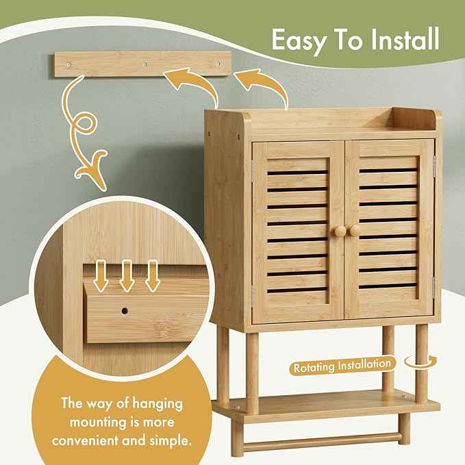 AmazerBath Bathroom Wall Cabinet, Bamboo Over The Toilet Storage Cabinet, Hanging Medicine Cabinets with Towel Bar, Wall Mounted Storage Shelf with Adjustable Shelves for Small Spaces