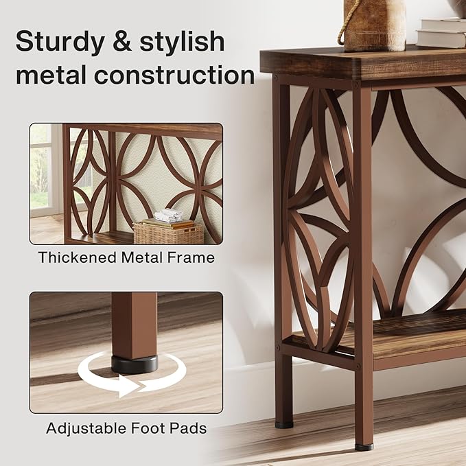 Tribesigns 70.9-Inch Narrow Sofa Table, Industrial Long Sofa Table Behind Couch, Entry Console Table with Storage for Entryway, Living Room, Foyer, Unique Design, Brown Glossy