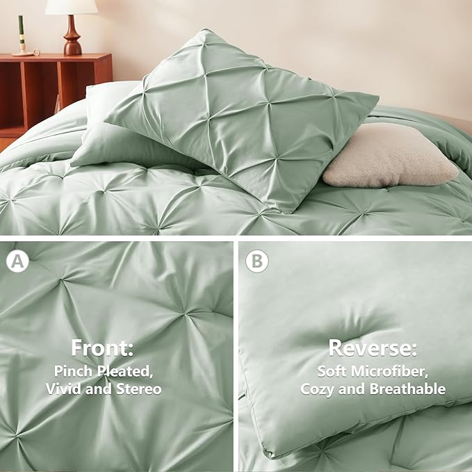 CozyLux Twin XL Comforter Set Sage Green, 5 Pieces Twin Extra Long Pintuck Bed in A Bag for College Dorm, Pinch Pleat Bedding Set with Comforter, Sheets, Pillowcase & Sham