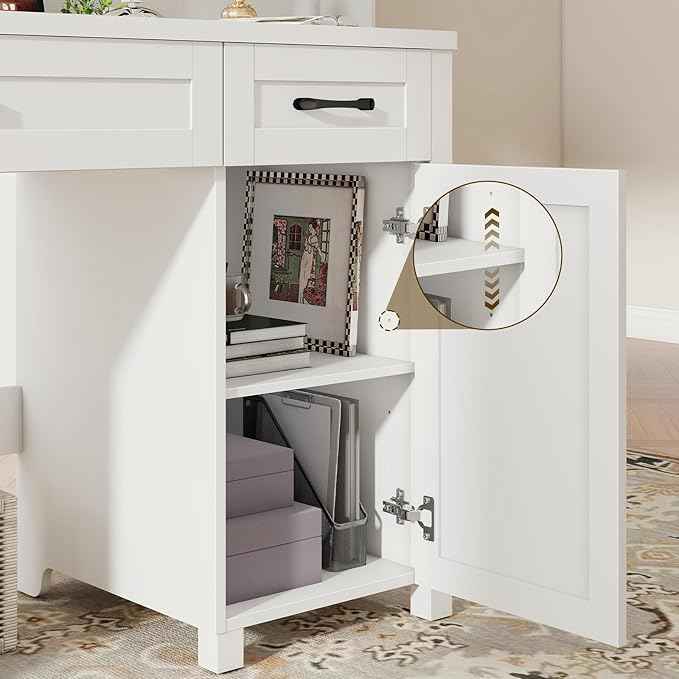 Vabches Farmhouse 47" Executive Desk, Computer Desk with Drawers and Storage Cabinet, Workstation Computer Desk for Home Office, Study.(Cream White)