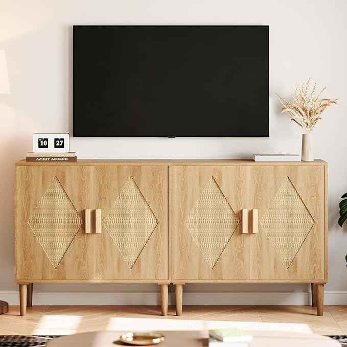 Garvee Rattan Accent Cabinet with Storage, Two-Door Sideboard with Woven Decor, Storage Buffet for Living Room, Dining Room, Entryway, Kitchen Organization