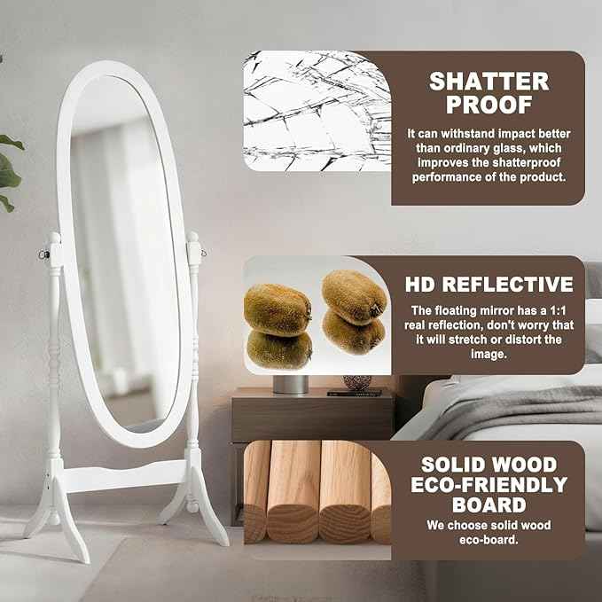 Full Length Mirror with Stand, Vintage Style Wood Floor Cheval Mirror, Traditional Adjustable Free Standing Mirrors Full Length (White)