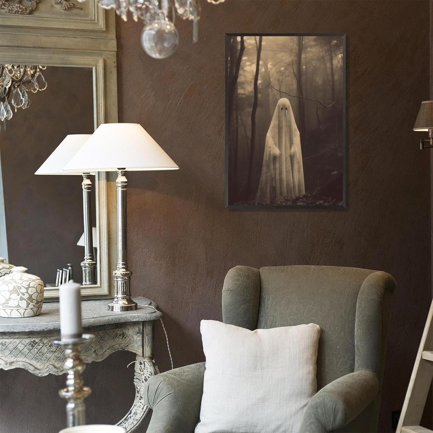 Ghost Forest Spooky Print Poster The Gothic Room Decor Creepy Picture Posters Dark Academia Aesthetic Family Prints Canvas Wall Art Home Apartment Decorations 16X24inch Aluminum Framed