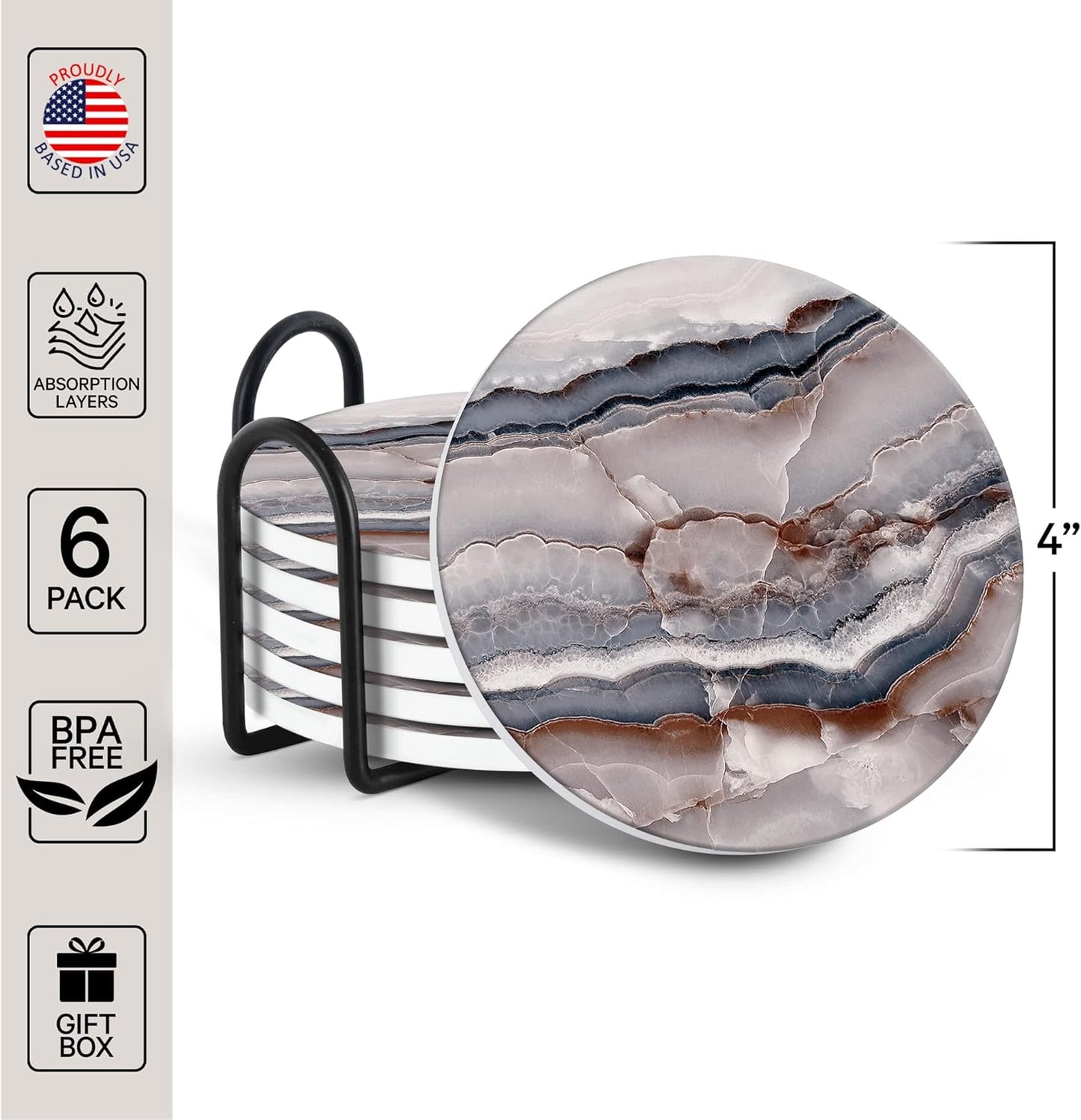 Emerson Coasters for Drinks Absorbent – Natural Stone Drink Coasters Set with Holder, Coasters for Coffee Table, Wooden Tabletop Protection Marble Style – 100% Heavy Duty, Set of 6 (Onyx)