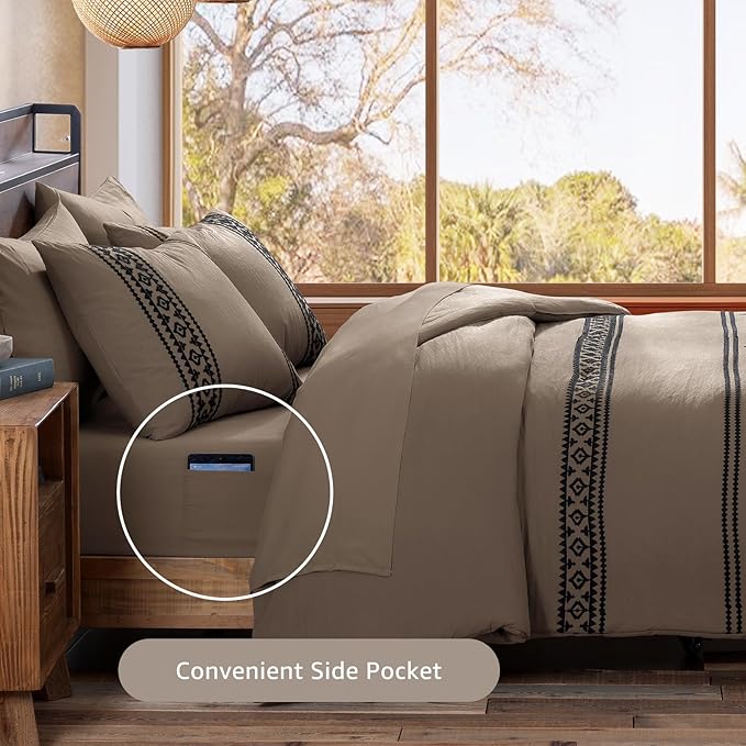 MaiRêve Embroidery Full Size Comforter Set Taupe Grey, Farmhouse Western Boho Bedding Set 7 Pieces, All Season Bed in A Bag Comforter Set with Sheets, Pillowcases & Shams