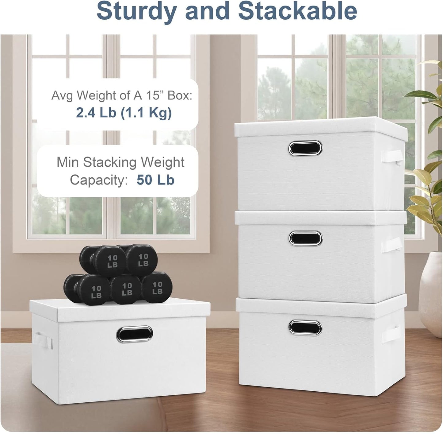 Medium 15" 21 Quart Collapsible Stackable Storage Bins with Lids, 3 Packs White Foldable Fabric Closet Boxes Heavy-duty Linen Cube Baskets Container for Bedroom Office (15 x 11 x 8)