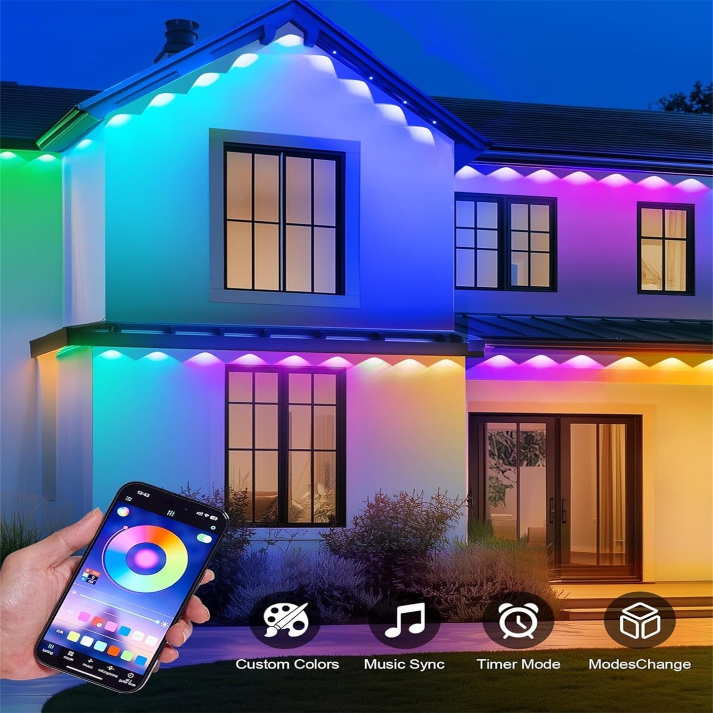 Permanent Outdoor Lights,300ft RGB + IC Smart LED Eaves Lights with App & Remote Control, IP67 Waterproof,for Christmas and All Holiday Decor,Daily and Accent Lighting,House Roof and Garden Lighting
