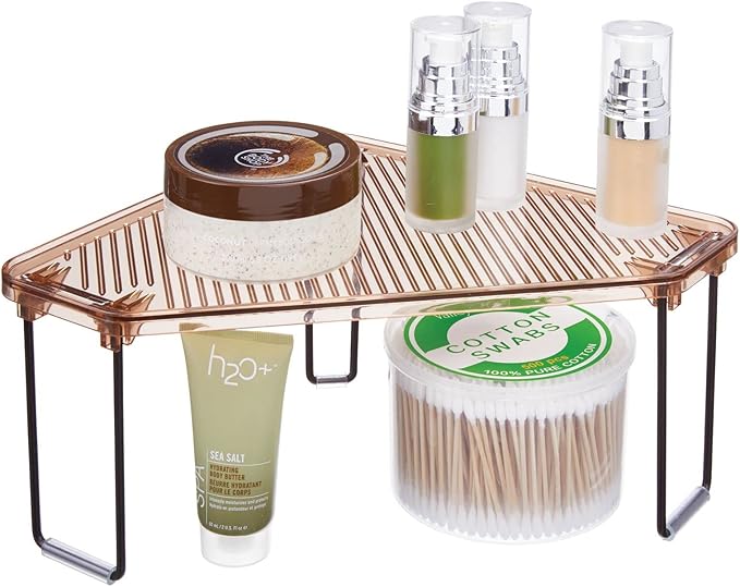 mDesign Plastic/Steel Corner Stackable Rack, Storage Organizer Shelf for Bathroom, Vanity, Countertop, Sink, Cabinet, Holds Makeup, Shower Accessories, Ligne Collection - 2 Pack - Bronze/Amber