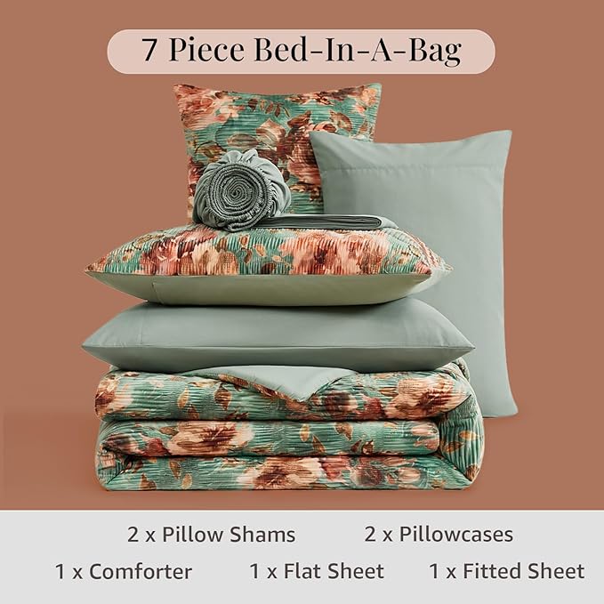 CASAAGUSTO King Comforter Set, 7 PCS Sage & Red Floral Comforter Set with Flowers Leaves Pattern, Soft Velvet Design for Winter King Size Bedding Set(102"X90")