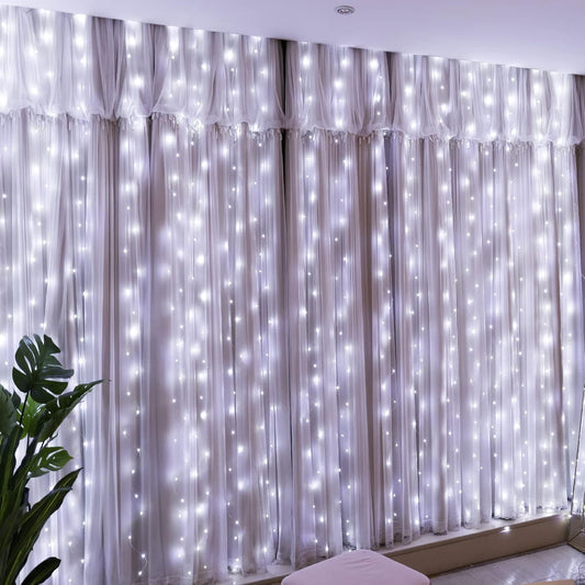 HXWEIYE 300LED Fairy Curtain Light (Upgrade Two Kinds of Light Clips) with Remote 8 Modes Times，9.8x9.8Ft White USB Plug-in Christmas Hanging String Light for Bedroom, Parties, Walls, Windows