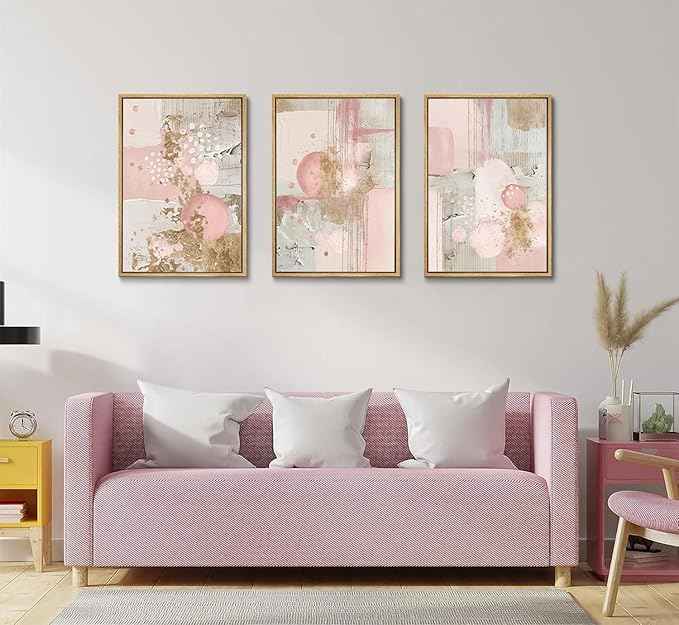 3Pcs Pink and Gold Canvas Wall Art Abstract Posters Print Geometric Pictures Decor for Living Room Bedroom Bathroom Home Decoration UnFramed