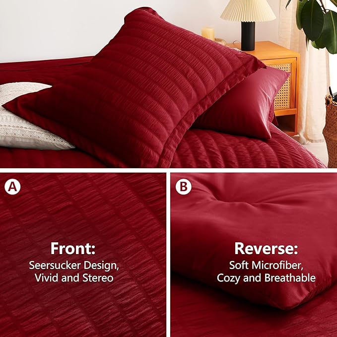 CozyLux Queen Comforter Set Dark Red Seersucker 7 Pieces Bed in a Bag Queen Comforter Set with Sheets, Luxury Soft Bedding Set with Down Alternative Comforter, Sheets, Pillowcases & Shams All Seasons