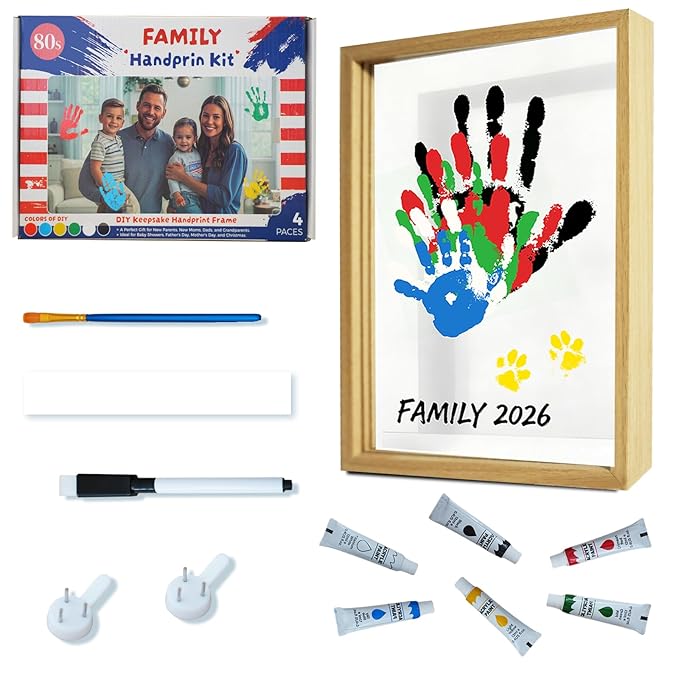 80S Family Handprint Kit, Handprint Art Craft DIY Kit, Baby Hand Print Gift for New Moms, Parents, Grandparents, 6 Safe, Non-Toxic Paints, Ideal for Mother's Day, Father's Day, Anniversary & More