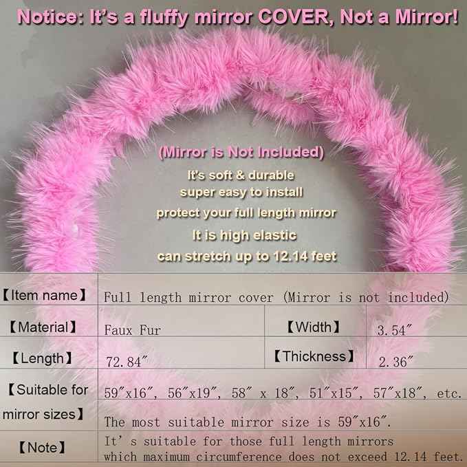 Fluffy Mirror Cover - 59"x16" Full Length Stretch Universal Ultra Soft Non-Slip Cover Warm Home Decor for Bedroom Cloakroom (Pink-Without Mirror, Suitable for 59"×16")