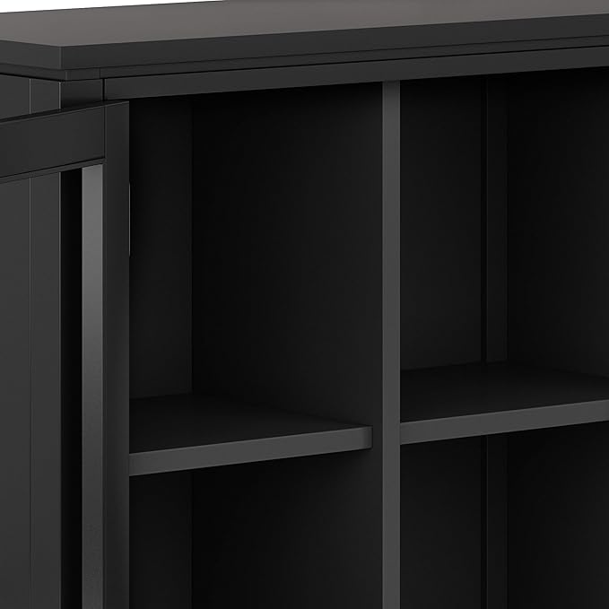 SIMPLIHOME Cosmopolitan Storage Cabinet - 30 inch Wide Solid Wood Low Cabinet in Black, Contemporary Console for Entryway, Living Room, or Dining Room with Glass Doors and Adjustable Shelves