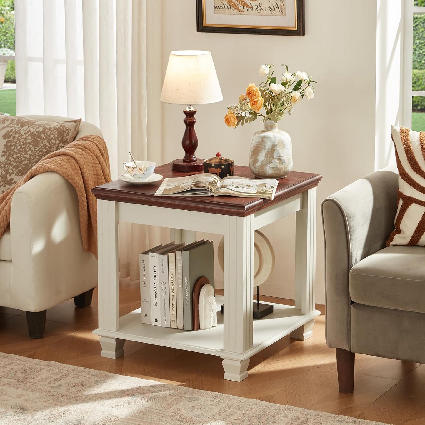 Farmhouse End Table Set of 2,Large Side Table with 2-Tier Storage Shelf,Rustic Wood End Tables for Living Room,Square Tea Table,White