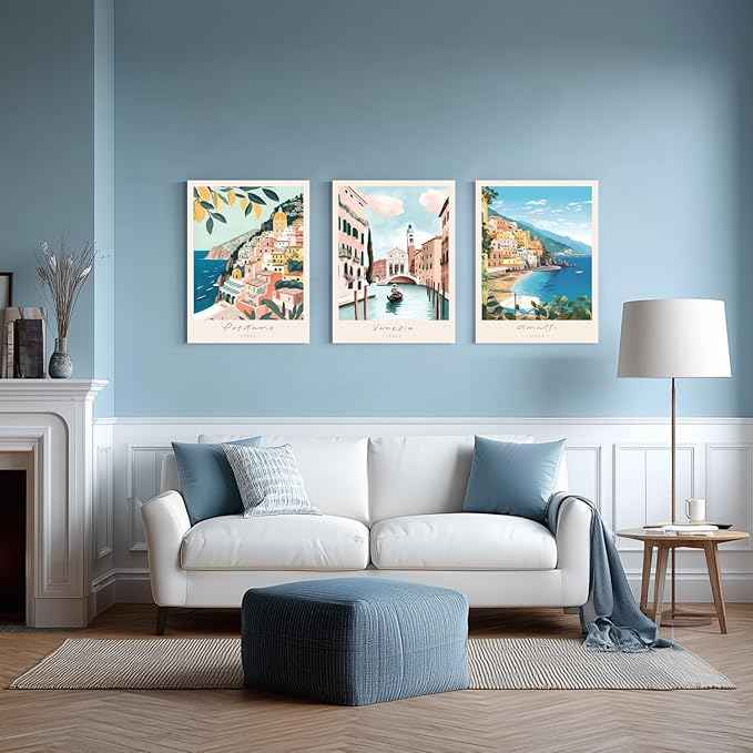 Cyebmo Framed Italy Travel Wall Art, Amalfi Coast Landscape Wall Decor, Blue Venice Coast Wrapped Canvas Artwork, Italian Modern City Aesthetic Picture for Living Room Bedroom Bathroom 16"x24"