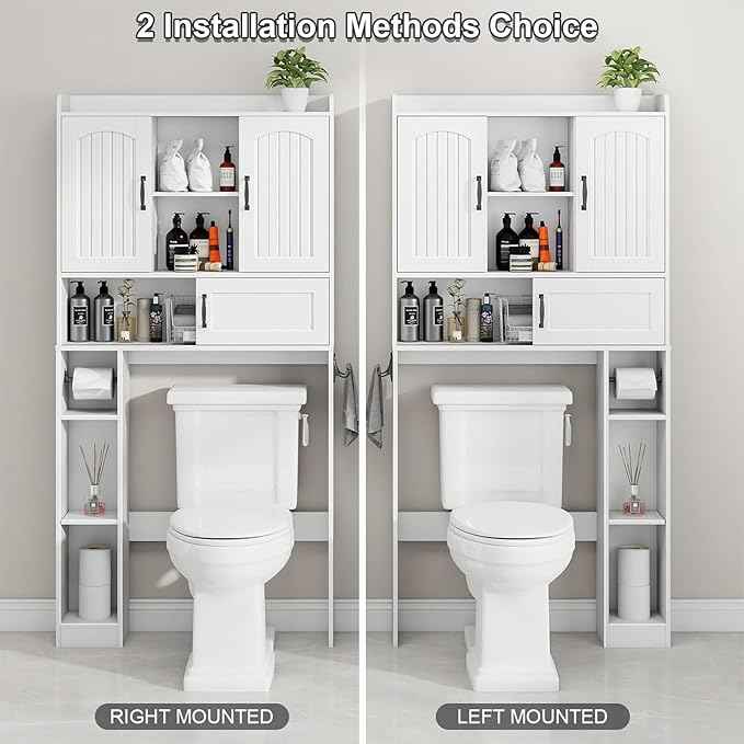 Vabches Farmhouse Over The Toilet Storage Cabinet with 2 Barn Doors & Sliding Door, Over The Toilet Bathroom Organizer with Open Storage Layer and Adjustable Shelves & Hooks.White