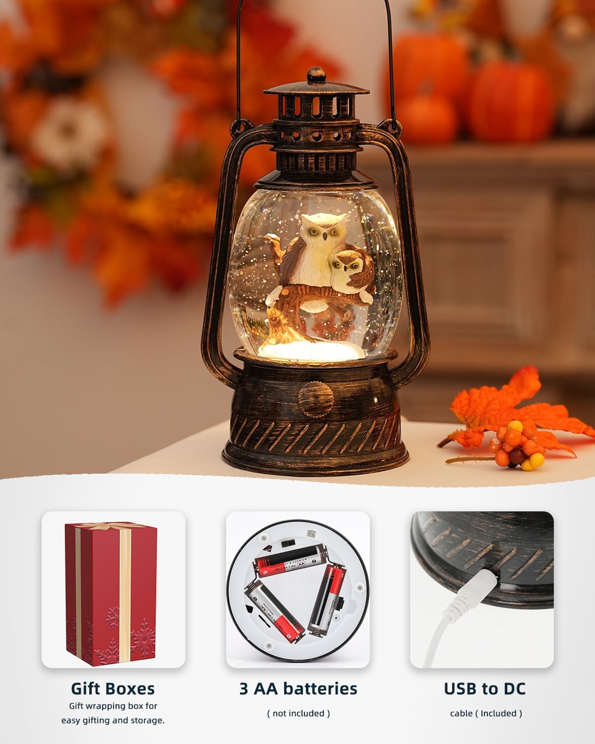 Snow Globe Christmas Decorations - Musical Christmas Snow Globes with 6H Timer,Owls Family Scene Snow Globes Lantern USB or Battery Powered,Christmas Decorations Decor for Home