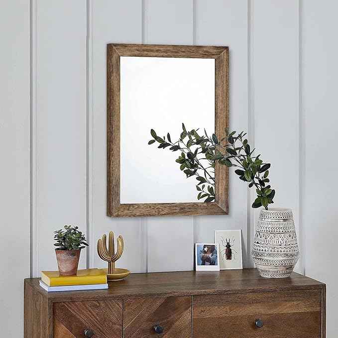 AAZZKANG Rustic Wood Mirror Rectangle Decorative Wall Mirrors with Frame for Bedroom Living Room Bathroom Entryway Hanging Small Brown
