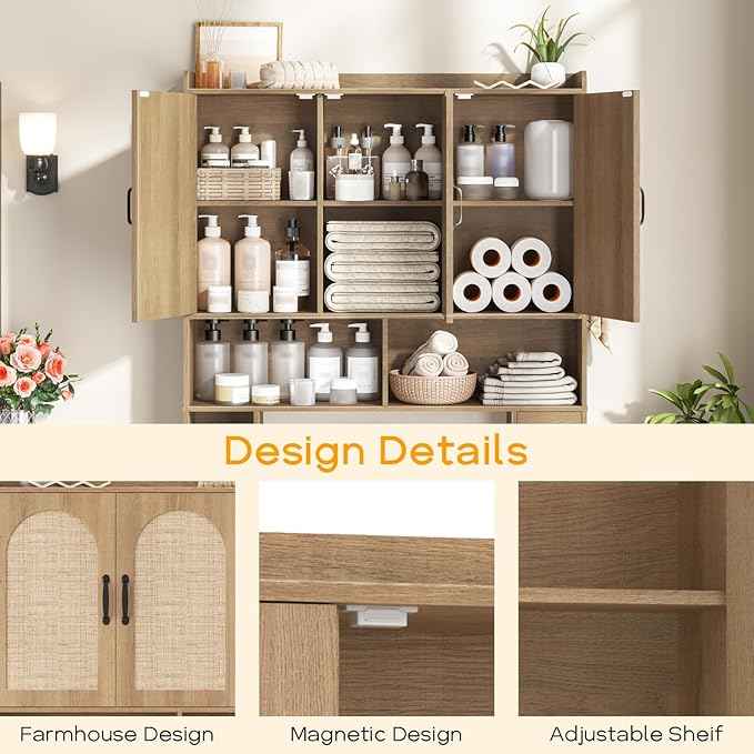 Vabches Over The Toilet Storage Cabinet,Farmhouse Over Toilet Bathroom Organizer with 3 Barn Doors & Toilet Paper Holder Stand,Home Space-Saving Toilet Rack with Shelves，for Bathroom,Restroom,Laundry