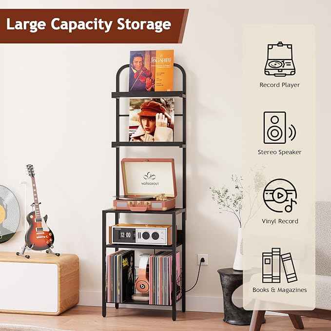 Record Player Stand with Vinyl Storage - 5-Tier Turntable Table with Power Outlet, Adjustable Feet, Metal & Wood Cabinet - Console Organizer Display Shelf for Living Room, Apartment