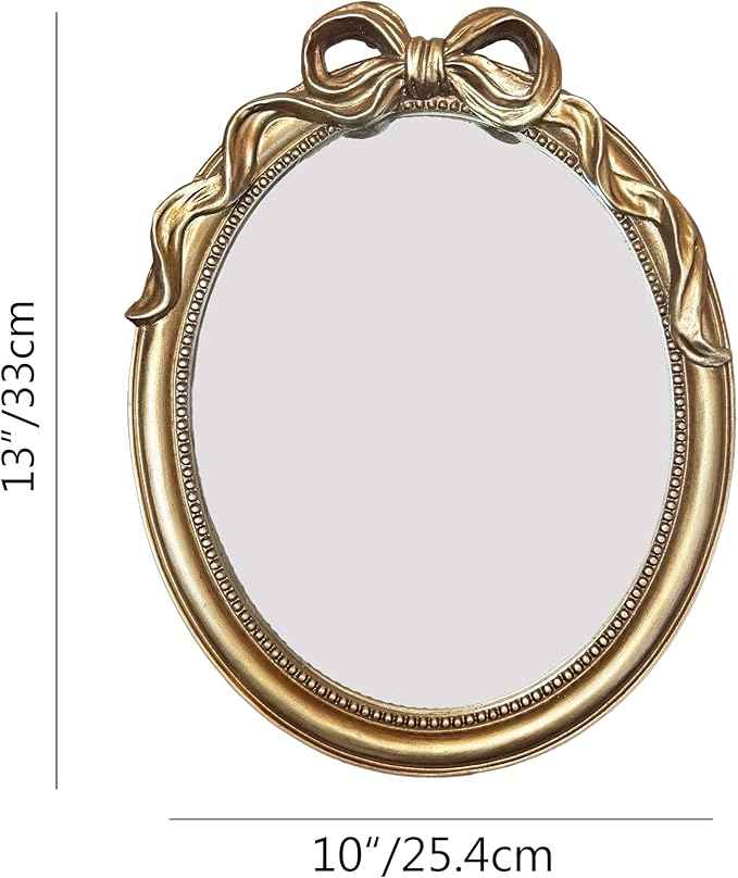 Vintage Vanity Desk Mirror - 13x10 Inch Wall-Mounted & Tabletop Decorative Ornate Champagne Gold Accent Retro Makeup Mirror for Bedroom Dresser Bathroom Living Room Dorm Oval