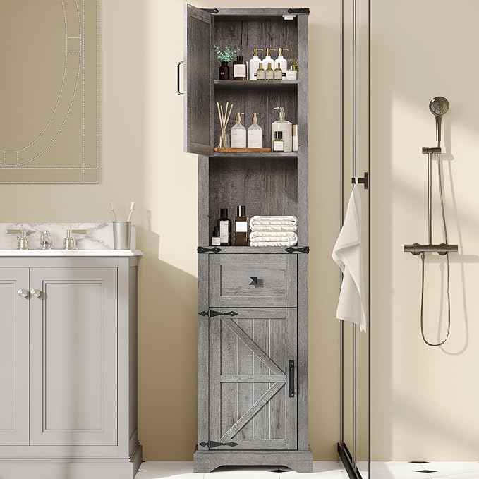 Vabches 66" Tall Farmhouse Bathroom Storage Cabinet with Barn Doors and Drawer, Narrow Storage Unit, Adjustable Shelves & 5-Tier Space, Freestanding Cabinet for Bathroom, Entryway, Kitchen, Grey