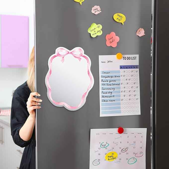 JarThenaAMCS Pink Bow Magnetic Locker Mirror with Magnetic Backing 7.9 x 5.9 Inch Coquette Acrylic Makeup Mirror for Home Dorm Office Bathroom Cabinet Decor