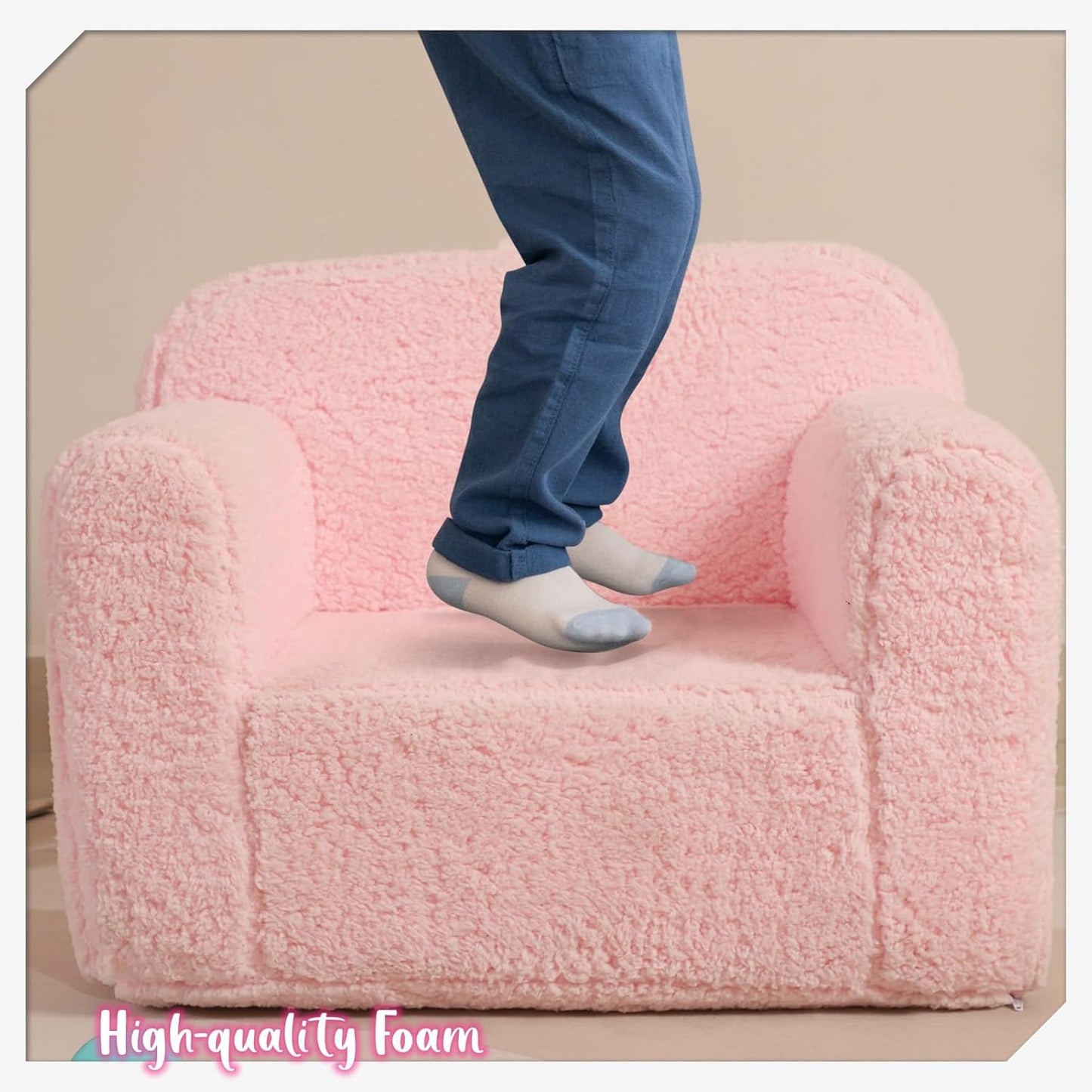 Kids Snuggly-Soft Sherpa Chair, Cuddly Toddler Foam Chair for Boys and Girls, Pink