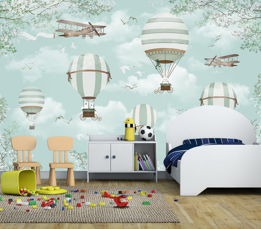 WFBHUA-Hot Air Balloon Wallpaper Mural Cute Animals Airplanes Blue Wallpaper for Nursery Wall Decoration Boys Bedroom Baby Room Kids Room (Not Peel and Stick)