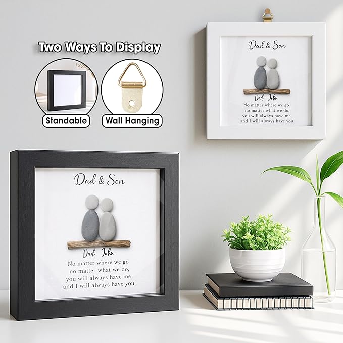Personalized Dad & Son Pebble Art Frame, Custom Natural Stone Keepsake for Father, Handmade Daddy Birthday Gift from Son, Meaningful Father’s Day Wall Hanging Home Décor