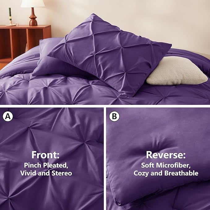 CozyLux Full Size Comforter Sets Purple, 7 Pieces Pintuck Bed in A Bag Purple Comforter Full Size, Pinch Pleat Bedding Sets with All Season Comforter, Sheets, Pillowcases & Shams