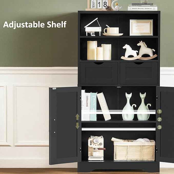 TEENFON Storage Cabinet with Doors & 2 Drawers, Kitchen Cabinet with Adjustable Shelf, Pantry Cabinets, Bathroom Cabinets, for Living Room, Entryway, Home Office, Black