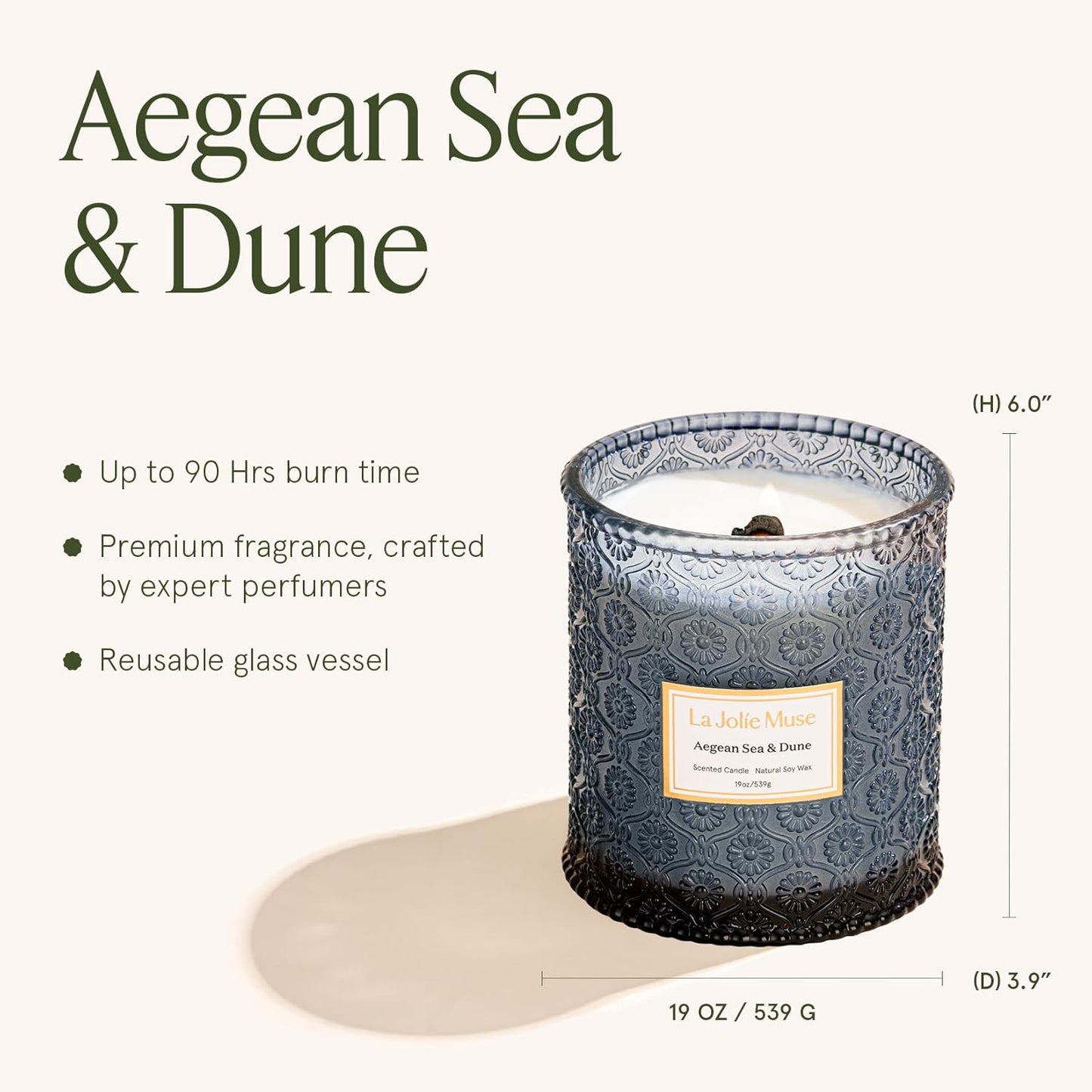 LA JOLIE MUSE Aegean Sea & Dune Candle –Cool Water, White Florals & Warm Amber | 19 oz Large Wooden Wick Candle | Natural Soy Wax | 90 Hours Clean Burn | Gift-Ready for Hosts & Gatherings