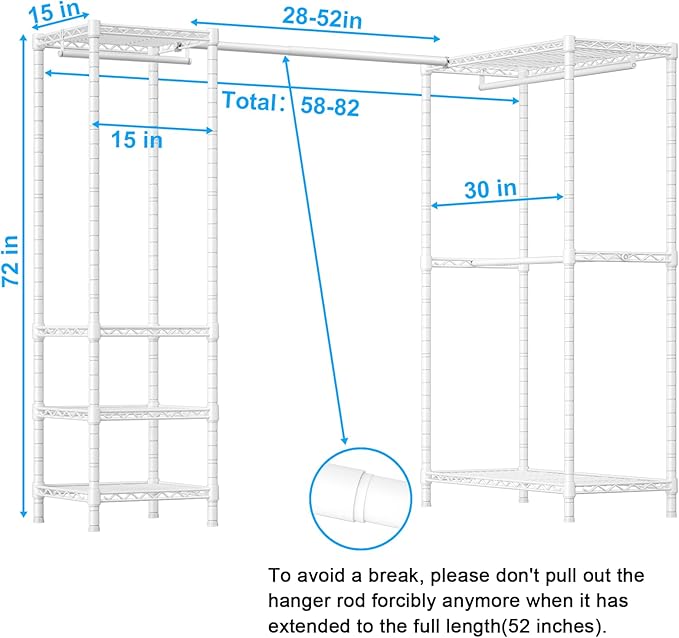 E10L L-Shaped Clothes Rack for Corner（With Expandable Hanger Rod）Heavy Duty Freestanding Clothing Racks for Hanging Clothes，Portable Garment Rack 58-82"W x 30"D x 72"H，Max Load 900LBS, White