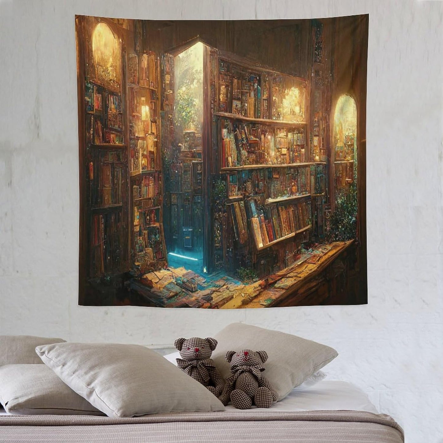 Kurtect Bookshelf Tapestry,Vintage Style Library Watercolor Art Theme Pattern Print Tapestries for Party Beach Picnic Blankets Tablecloths Living Room Wall Deocr, 60x60 in