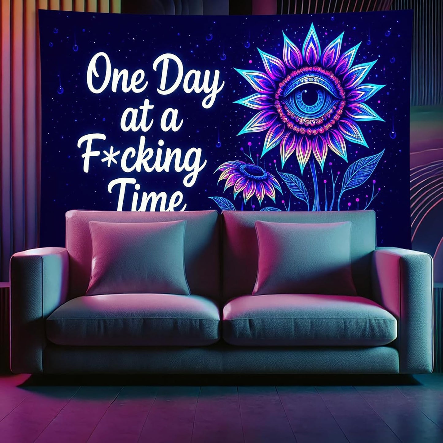 Starlit Patio Blacklight Trippy Tapestry UV Reactive Psychedelic Eye Flower Wall Hanging with Quote for Bedroom Dorm Living Room Aesthetic Glowing Decor Fluorescent Poster Large 78 x 59 Inch