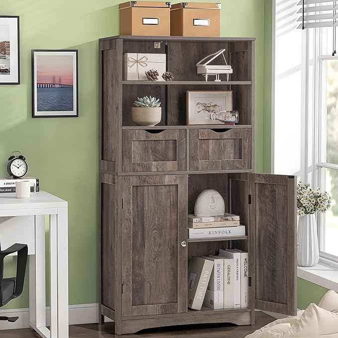 Iwell Tall Storage Cabinet with 2 Drawers & Adjustable Shelf, Bathroom Cabinet with Doors, Kitchen Pantry Storage Cabinets, Cupboard for Living Room, Dining Room, Entryway, Rustic Gray